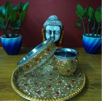 NEELMAYA Stainless Steel Decorative karwa chauth thali set pack of 1 - Free Size, Golden, Stainless Steel, Karwachuth, Set of 3